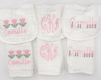 Baby Girl Pink Flower Applique Custom Embroidered Muslin Bibs and Burp Cloths, Personalized Monogram Newborn Baby Shower Gift