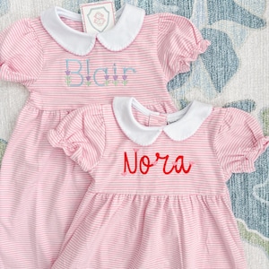 Little Girl Pink Striped Dress with Custom Embroidery