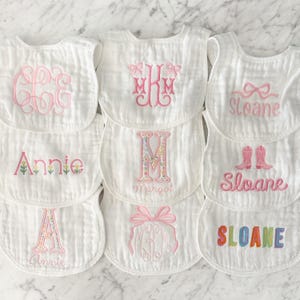 Custom Embroidered Muslin Baby Gil Bib: Monogramed Newborn Gift