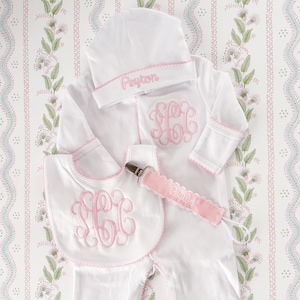 Newborn Girl Coming Home Outfit, Custom Embroidered Classic Vine Monogram Sleeper, Hat & Bib, Pink Picot Trim, Baby Girl Gift