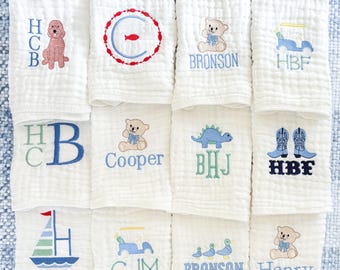 Baby Boy Custom Embroidered Muslin Burp Cloths & Bibs for newborn | Baby Shower Gift | Monogram and Name Personalization