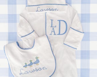 Newborn Baby Boy Coming Home Outfit, Custom Embroidered Heirloom Ducks Monogram Sleeper, Hat, Bib, Burp Cloth, and Blanket Blue Picot Trim