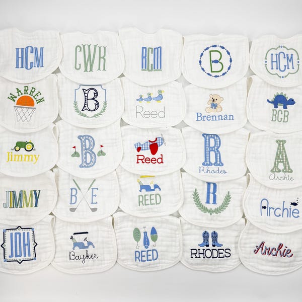 Custom Embroidered Baby Boy Muslin Bibs and Burp Cloths, Personalized Monogrammed Newborn Gift