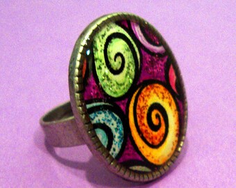 Rainbow of Colors Whimsical Whirling Swirls Ring Adjustable