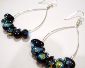 Black iridescent  Peacock silver hoop earrings