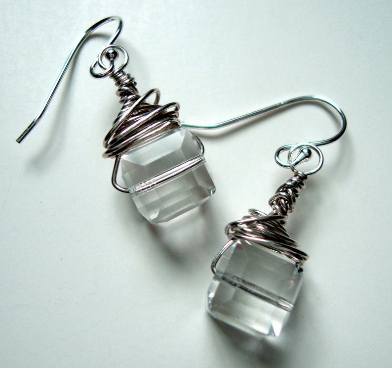 Ice Cube Earrings faceted Crystal wrapped in Sterling Silver image 3