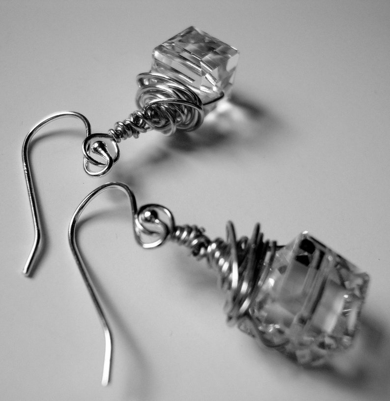 Ice Cube Earrings faceted Crystal wrapped in Sterling Silver image 2