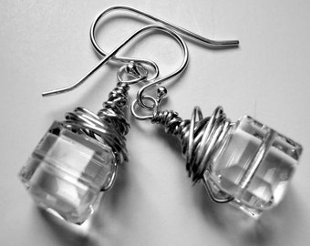 Ice Cube Earrings faceted Crystal wrapped in Sterling Silver