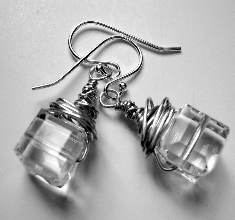 Ice Cube Earrings faceted Crystal wrapped in Sterling Silver image 1