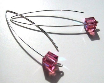 Cotton Candy Pink crystal cube sterling silver earrings