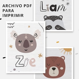 Lámina infantil personalizada con nombre, ilustraciones de dibujos infantiles, decoración para dormitorio infantil
