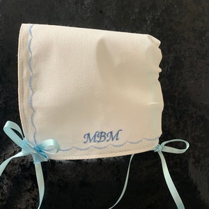 Baby  bonnet handkerchief (blue scalloped)Magic Hanky Baptism,  Christening