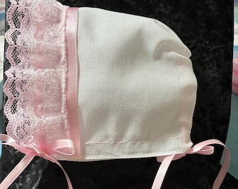 Baby Christening/Baptism bonnet (pink lacey). Converts to a Wedding Hankercheif.