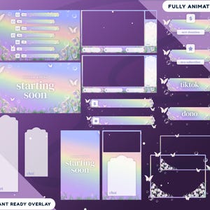 Puede incluir: Un conjunto de overlays animados para streaming en tonos pastel púrpura, azul y verde. Los diseños incluyen mariposas, burbujas y detalles florales. El texto incluye "starting soon", "new donation", "new subscriber", "tiktok" y "dono".
