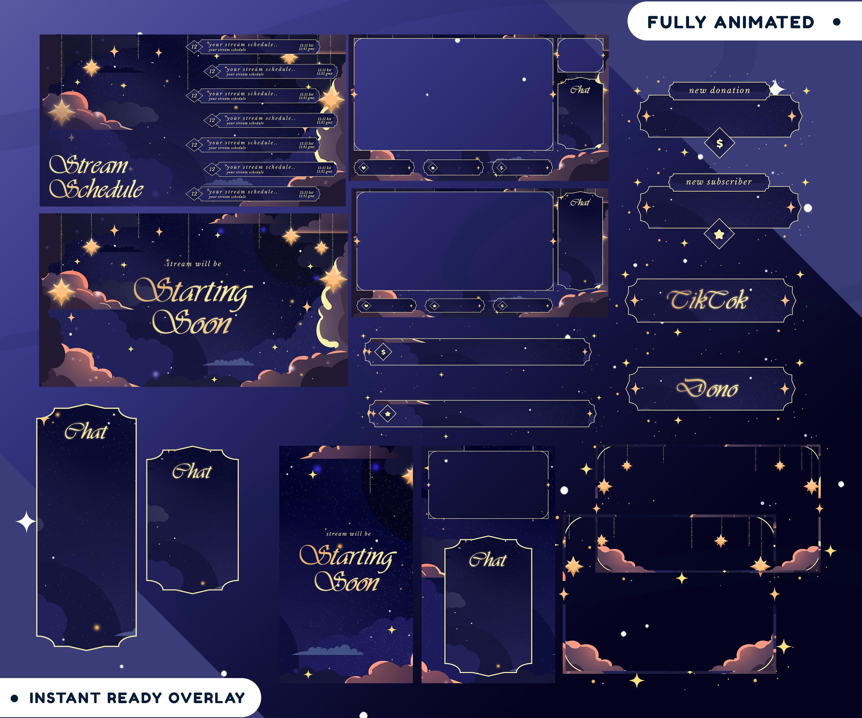 Noctyra Animated Stream Overlay Package for Twitch, Tiktok, Blue Gold ...