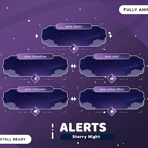 Starry Night Animated Stream Alert Package for Twitch Overlay, Night Sky Overlay, Star Theme Animated Alert Overlay, Cute Aesthetic Overlay