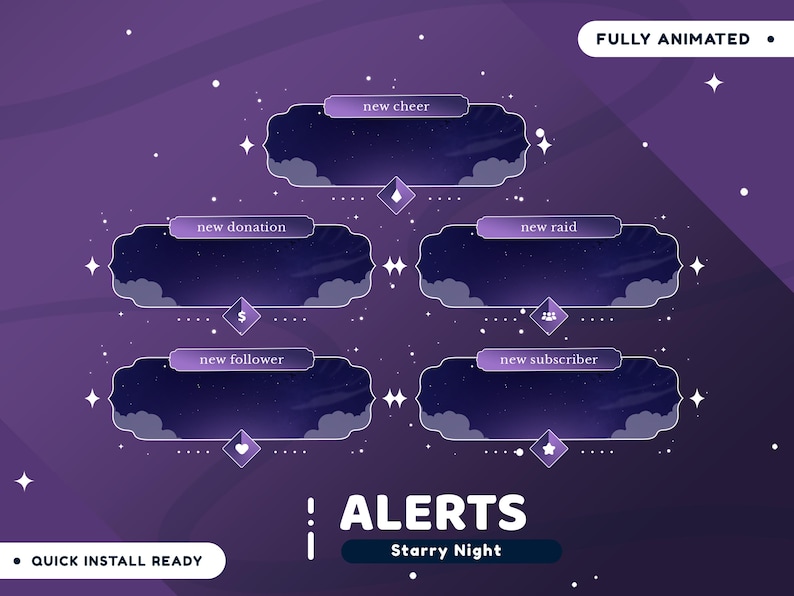 Starry Night Animated Stream Alert Package for Twitch Overlay, Night ...