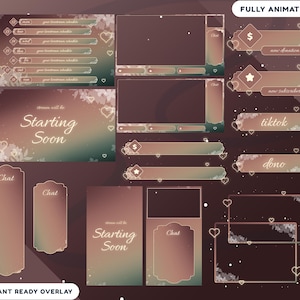 May include: A collection of animated streaming overlays in shades of brown, green, and white. The overlays include chat boxes, donation alerts, and social media buttons. The text "Starting Soon" and "Chat" are visible. The design features hearts and floral accents.