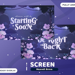 Moonveil Grove Animated Stream Screen Package for Twitch, Flower Overlay Screen, Animation Screen Overlay Dark Night, Nature Vtuber Overlay