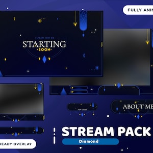 Diamond Animated Stream Overlay Package for Twitch Bundle, Twitch Overlay Blue, Vtuber Overlay, Elegant Overlay, Dark Overlay Templates