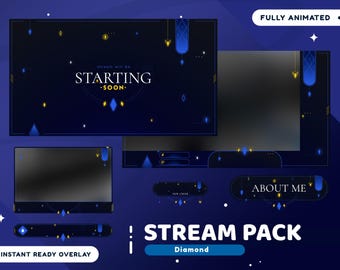 Pacchetto di sovrapposizioni di streaming animati Diamond per Twitch, sovrapposizione Twitch blu, sovrapposizione Vtuber, sovrapposizione elegante, modelli di sovrapposizione scura