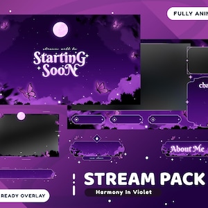 Harmony In Violet Animated Stream Overlay Package for Twitch Bundle, Purple Gaming Overlay, Butterfly Overlay Pack, Magical Twitch Overlay