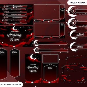 May include: A digital overlay pack for live streaming, in a dark red and black colour scheme with a celestial theme. It includes animated elements, chat boxes, donation alerts, and a "Starting Soon" screen. The design incorporates moons, stars, and cloud motifs.