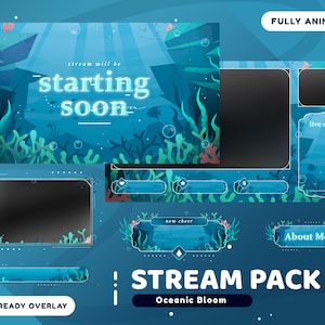 Oceanic Bloom Animated Stream Overlay Package for Twitch Bundle, Twitch Overlay Blue, Cute Marine Aesthetic, Coral Reef Overlay, Panel,Label