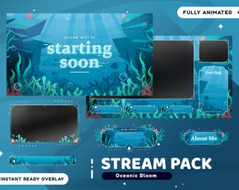 Oceanic Bloom Animated Stream Overlay Package for Twitch Bundle, Twitch Overlay Blue, Cute Marine Aesthetic, Coral Reef Overlay, Panel,Label
