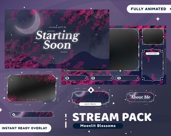 Moonlit Blossoms Animated Stream Overlay Package for Twitch Bundle, Sakura Overlay, Stream Moonlight, Dreamy Stream Design, Twitch Graphics