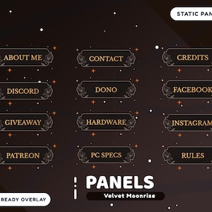 May include: A dark brown graphic with gold text and floral accents. The image features panels labeled "About Me," "Contact," "Credits," "Discord," "Dono," "Facebook," "Giveaway," "Hardware," "Instagram," "Patreon," "PC Specs," and "Rules."