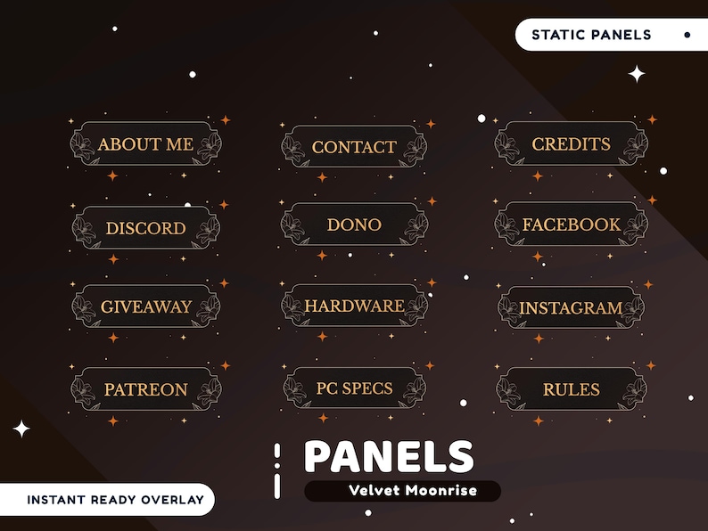 May include: A dark brown graphic with gold text and floral accents. The image features panels labeled "About Me," "Contact," "Credits," "Discord," "Dono," "Facebook," "Giveaway," "Hardware," "Instagram," "Patreon," "PC Specs," and "Rules."