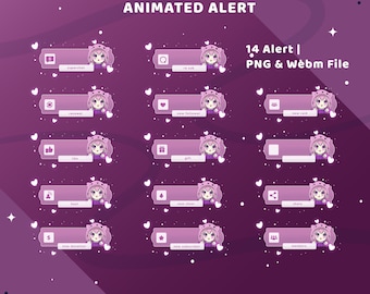 May include: Animated alert graphics with a purple and white color scheme. Each alert features a cartoon girl with pink hair and a pink outfit. Text includes "Animated Alert" and "14 Alert | PNG & Webm File".
