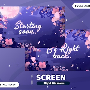 Night Blossoms Animated Stream Screen Package for Twitch, Japan Flower Overlay Screen, Animation Screen Overlay Dark, Cherry Blossom Vtuber