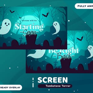 Könnte beinhalten: Ein teal-farbenes Halloween-Themen-Bildschirm-Overlay mit einer gruseligen Friedhofsszene, Geistern und Fledermäusen. Der Text lautet "Starting Soon" und "Be Right Back". Die Wörter "Screen" und "Tombstone Terror" sind ebenfalls sichtbar.