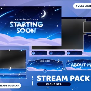 Pacote de sobreposição de fluxo animado de mar e nuvem para Twitch Bundle, sobreposição azul de Twitch, sobreposição Vtuber, nuvem lunar, meteoro, modelos de sobreposição escura