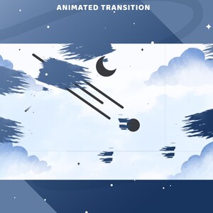 May include: An animated transition graphic with a celestial theme. The design features a light blue sky with watercolor-style clouds, stars, and a crescent moon. Black shooting stars and a planet are also included. The text "ANIMATED TRANSITION" is at the top.
