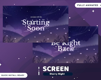May include: A digital screen overlay with a starry night theme. The design features a dark blue sky with stars, rolling hills, and the text "Starting Soon." Additional text includes "Fully Animated" and "Quick Install Ready."