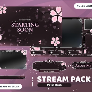 Pacote de sobreposição de transmissão animada Petal Dusk para Twitch Bundle, sobreposição de Sakura cintilante, fundo de transmissão de Sakura fofo, webcam Mystic Glow