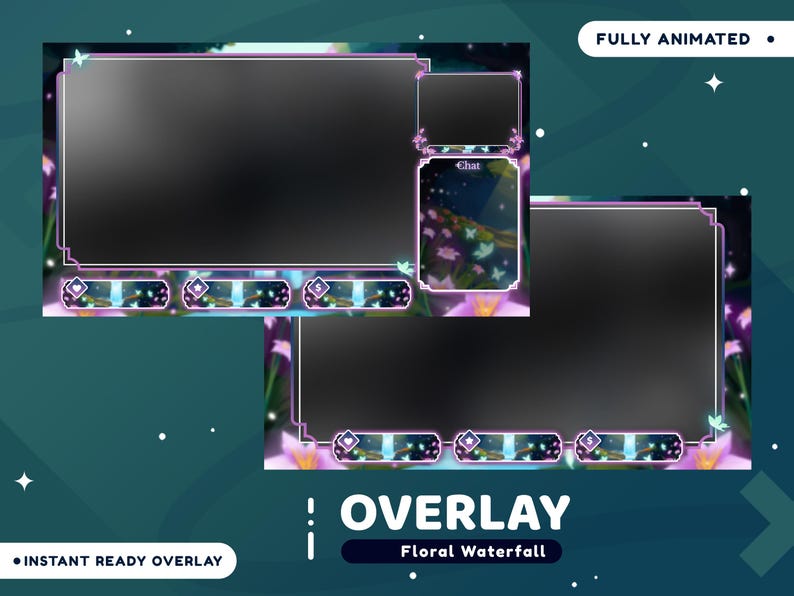 May include: Animated Twitch overlay with a floral waterfall theme. The overlay features a large black screen for displaying gameplay, a smaller chat box, and a series of buttons for different functions. The overlay is designed to be used with a streaming platform like Twitch.