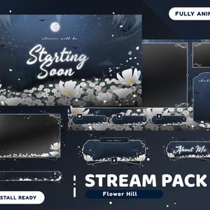 Pacote de sobreposição de transmissão animada Flower Hill, pacote Twitch, sobreposição Daisy Twitch, gráfico de transmissão elegante, transmissão floral Twitch, jardim noturno