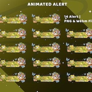 Peut inclure: Graphiques d'alerte animés avec un tigre de dessin animé avec une couronne florale et des papillons. Les graphiques sont placés sur un fond de mur de briques, avec des icônes et du texte. Le texte indique "Animated Alert" et "14 Alert | PNG & Webm File".
