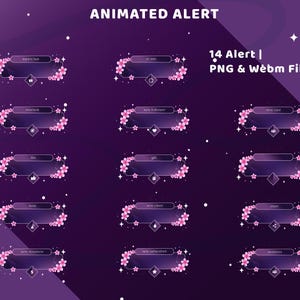 Puede incluir: Una colección de 14 superposiciones de alertas animadas para streaming digital, con un diseño rectangular de color morado oscuro decorado con flores de cerezo rosas, destellos blancos y pequeños iconos, con el texto ANIMATED ALERT 14 Alert PNG & Webm File.