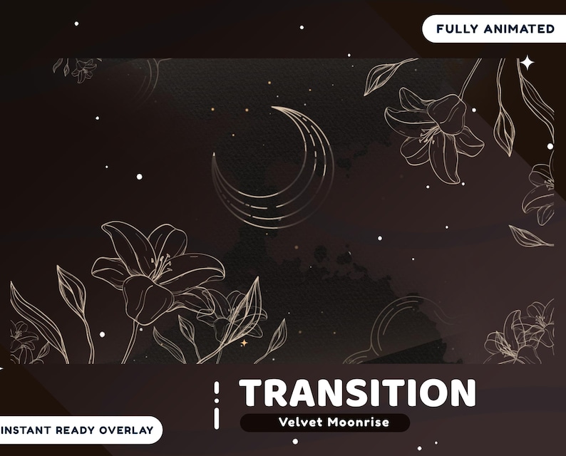 Velvet Moonrise Animated Stream Overlay Package Twitch Bundle, Black Gold Overlay, Floral Aesthetic Twitch Overlay, Moon and Flower Theme image 5