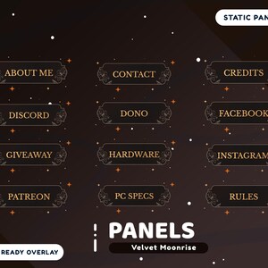 Samt Mondaufgang Panel Paket für Twitch, Gold Twitch Panel, Samt Mondaufgang Overlay, Sternennacht Panels, Elegant Overlay
