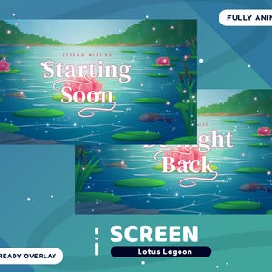 Lotus Lagoon Animated Stream Screen Package for Twitch, Aesthetic Green Water Themed Twitch Overlay, Fantasy Lotus, Nature Overlay Bundle