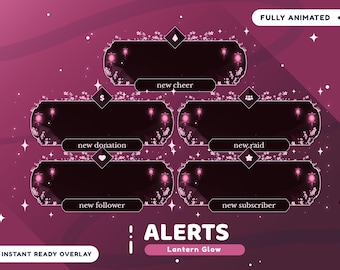 Könnte beinhalten: Animierte Twitch-Stream-Benachrichtigungen mit einem rosa und schwarzen Farbschema. Die Benachrichtigungen zeigen ein florales Design mit leuchtenden Laternen und Text, der "neuer Jubel", "neue Spende", "neuer Raid", "neuer Follower" und "neuer Abonnent" lautet. Der Text "! ALERTS Lantern Glow" ist ebenfalls enthalten.