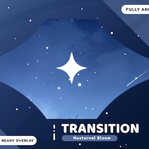 Puede incluir: Gráfico digital con un fondo azul oscuro que representa un cielo nocturno estilizado con una gran estrella blanca y estrellas blancas más pequeñas. La palabra "TRANSITION" se muestra en blanco, con "Nocturnal Bloom" debajo.