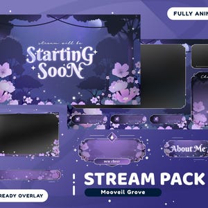 Moonveil Grove Animated Stream Overlay Package for Twitch Bundle, Violet Stream Overlay, Floral Stream , Package, Cute Purple Vtuber Overlay