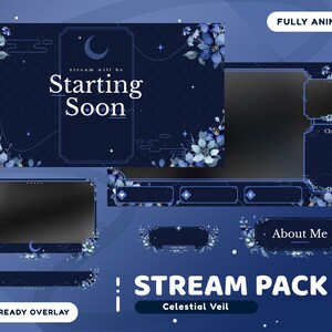May include: A blue and white animated Twitch stream pack with a celestial theme. The pack includes a starting soon screen, a chat box, an about me panel, and a stream title panel. The text "STREAM PACK" and "Celestial Veil" are displayed on the bottom of the image.